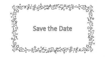 Save the date message within a floral frame decorated with hearts and stars in a doodle style design created with generated ai