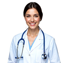 A sharp and friendly portrait of a confident female doctor smiling warmly at the camera, dressed in a white lab coat with a stethoscope, isolated against a clean white background