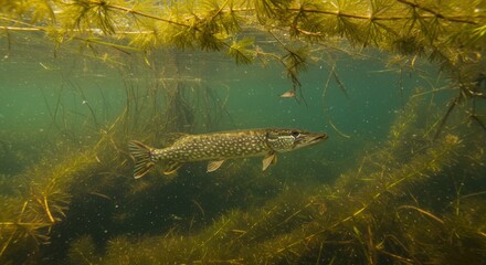 Fototapeta premium Pike fish underwater in aquatic vegetation