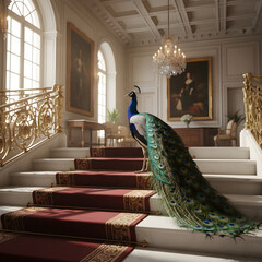 Elegant Peacock on Mansion Staircase