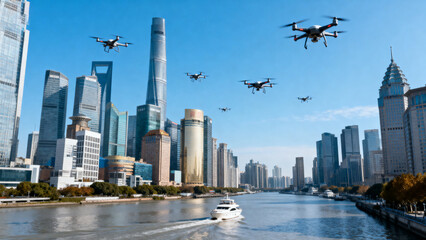 Drones flying over a modern city skyline with a river and boats below