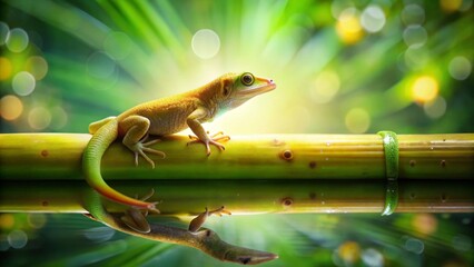 A vibrant green lizard perched on a smooth bamboo stalk, its reflection mirrored in the tranquil water below, surrounded by lush tropical foliage