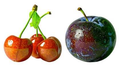 A close-up of three fresh red cherries with a green leaf and a single ripe purple plum on a white background.