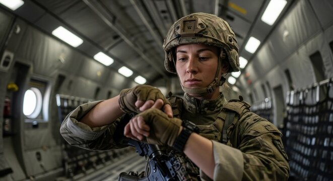 Woman soldier in camouflage uniform checking her tactical wrist watch inside a military aircraft. Military transportation and wartime concept.