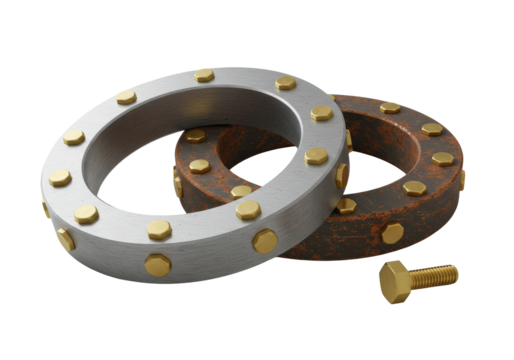 Brushed silver and rusted brown metal circular frames, brass hexagonal bolts, and a separate bolt, side-by-side on clean transparent studio background. Concept of precise craftsmanship