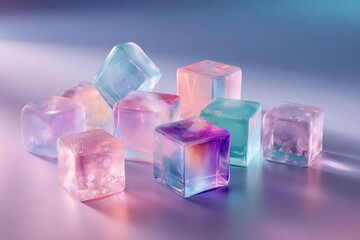 A collection of vibrant, translucent ice cubes displays a spectrum of pastel hues in a soft, diffused light.
