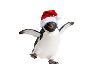 Dancing Penguin in Santa Hat Isolated on White Background