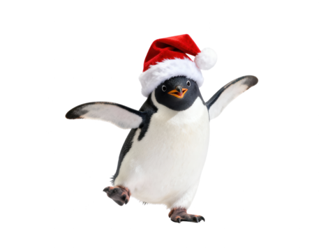 Dancing Penguin in Santa Hat Isolated on White Background