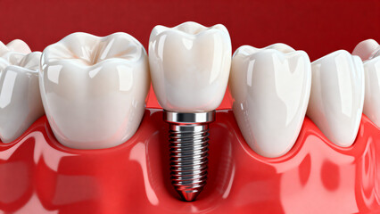 Dental implant with crown integrated into a model of human teeth and gums