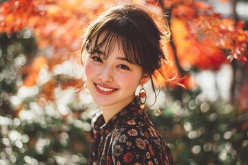 秋の紅葉と笑顔の女性