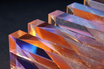 A close-up view of stacked, rectangular prisms of iridescent, translucent material, showcasing a gradient of vibrant colors, with a dark background highlighting their intricate geometric patterns.
