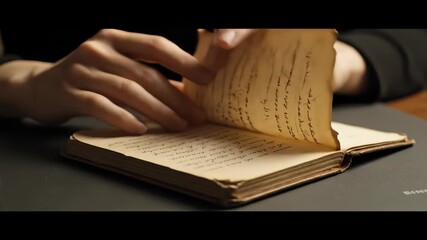 In a serene study filled with the sound of rain, hands delicately turn the pages of an old book. Words of wisdom come to life as the ink dances on yellowed parchment, inviting reflection.