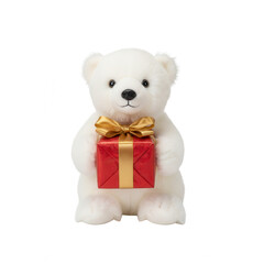 White Teddy Bear Holding Red Christmas Gift on White