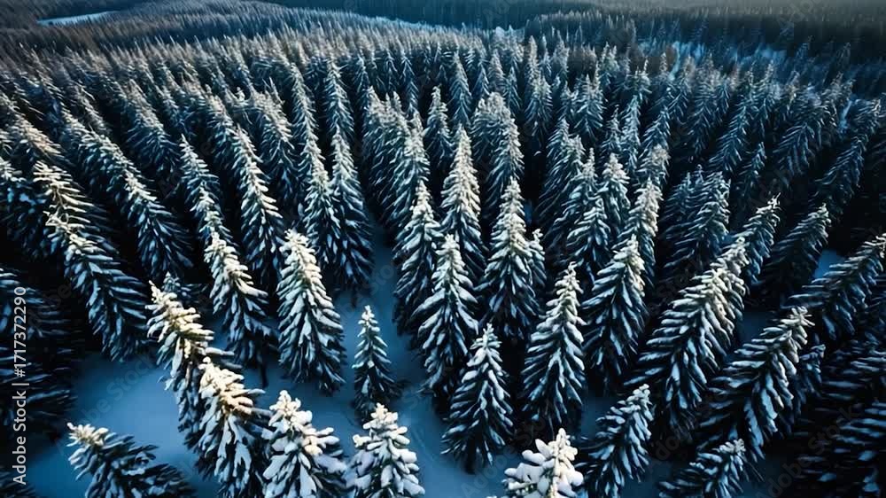 Poster aerial view of a snowy forest with trees and hills