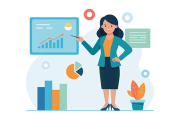 Fototapeta premium Business woman presenting data on a chart with a graph isolated on white background