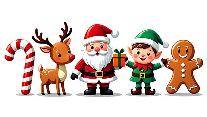 Fototapeta premium Festive Christmas Cartoon Characters Santa Claus Reindeer Elf and Gingerbread Man with Candy Cane Holiday Celebration