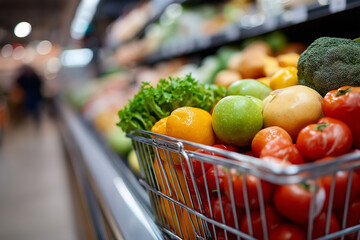 Grocery basket full of fresh products at checkout belt, concept of mindful purchasing, 
