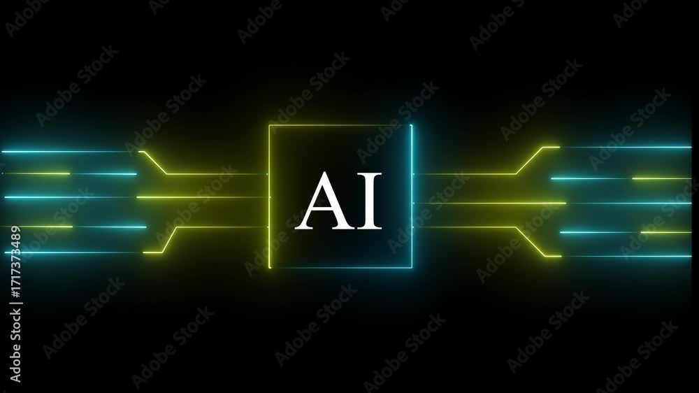 Fototapete technology multicolor ai circuit board background. glowing neon computer motherboard with icon , neo