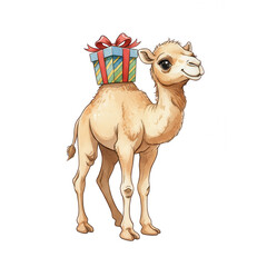 Camel with Christmas Gift - Watercolor Illustration