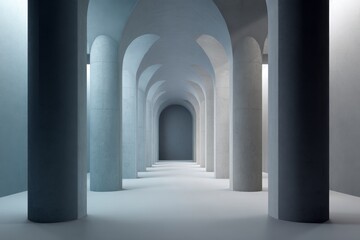 Fototapeta premium A spacious, minimalist architectural interior, featuring a series of arched concrete pillars, creating a serene and modern corridor.