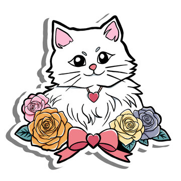 
Cute white fluffy cat illustration decorated with colorful roses and a pink bow, perfect for stickers, cards, invitations, and digital designs. Ideal for pet and floral-themed projects.