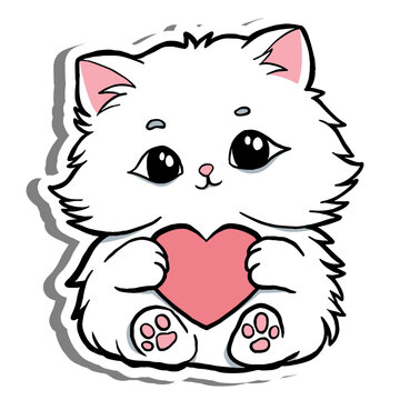 Cute cartoon white cat holding a pink heart with fluffy paws and expressive eyes. Perfect for Valentine Day, love themed designs, greeting cards, or pet related content.