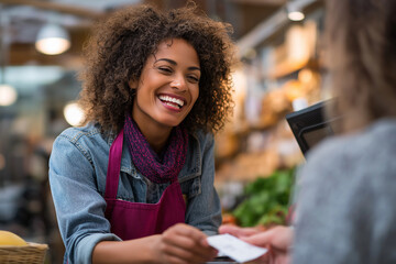 Smiling cashier handing change and receipt to customer, warm customer service, 
