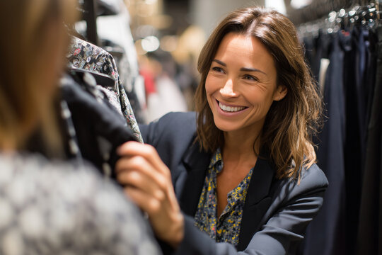 Fashion consultant helping customer select stylish jacket in clothing store, authentic interaction, 