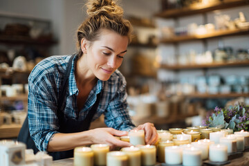 Maker arranging handmade candles on wooden shelves, pride in presentation,
