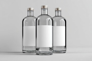 Three clear glass bottles, each with a blank rectangular label, sit on a light gray surface