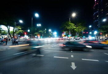 Fototapeta premium Dynamic Nightscape: Blurred Motion of Cars and Pedestrians in Urban Cityscape