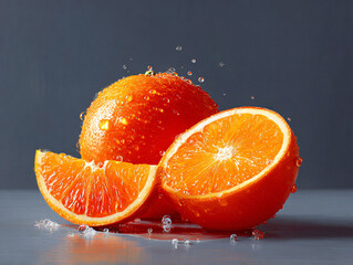 whole orange and a sliced orange with water droplets on them. The background is dark and out of focus, emphasizing the oranges.