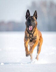 Happy Belgian Malinois Running in Snow.