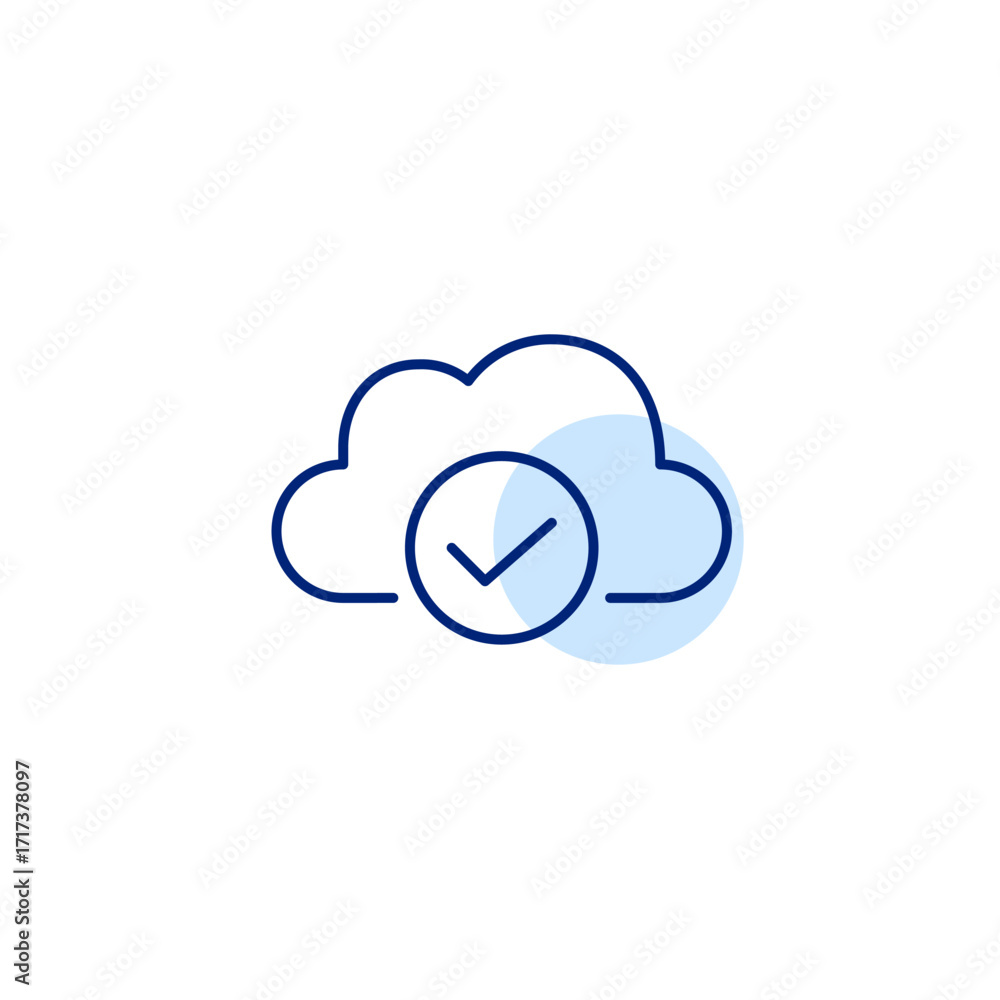 Poster cloud shape and checkmark. secure data access, verified virtual storage. pixel perfect, editable str