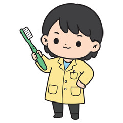 Cute cartoon dentist character illustration holding a toothbrush, perfect for dental hygiene and healthcare promotions