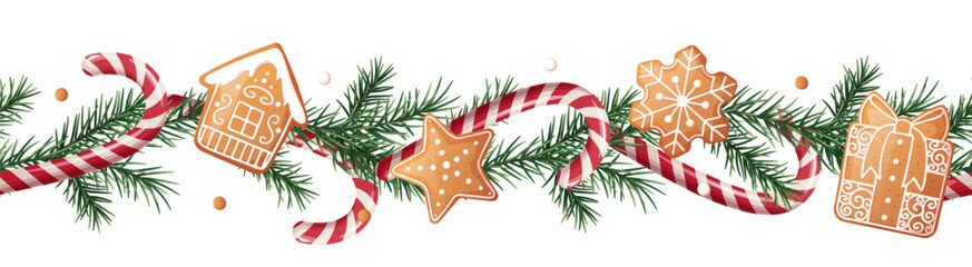 Festive Christmas Seamless Border with Fir Branches, Candy Cane and Gingerbread Cookies. Holiday Frame for Gift Wrap, Textile Design, Scrapbooking and Seasonal Decor