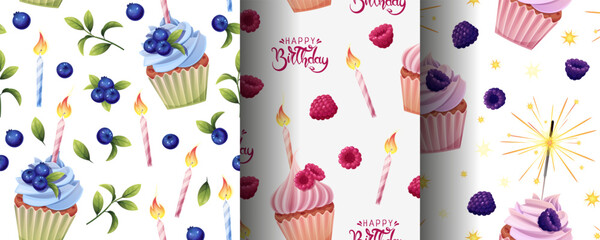 Birthday Cupcakes with Berries, Candles and Fireworks Seamless Pattern Set. Party Gift Wrap Collection for Birthday Decor, Textile Design, Scrapbooking and Festive Packaging