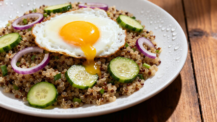 Quinoa salad with cucumber, red onion, and a sunny-side-up egg on a white plate