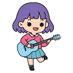 Cute cartoon girl with purple hair happily playing a blue acoustic guitar with a big smile on her face, dressed in a pink sweater and a blue skirt
