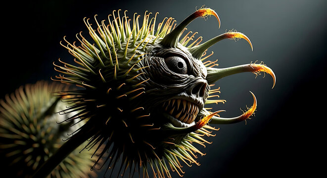 a monstrously large, prickly burdock pod (burr) that resembles a creepy organic creature. its threatening texture and shape
