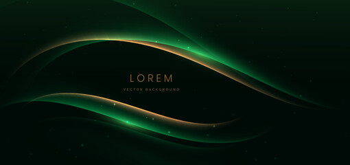 Green luxury background with gold curve elegant and glittering light effects decoration element.