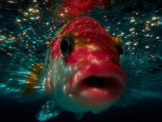 close-up view of a fish underwater with its mouth open, revealing its gills. The water around the fish is sparkling, indicating a fresh or clean aquatic environment.