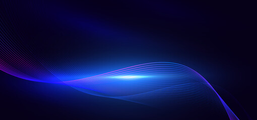 Abstract wave lines blue with lightinge effect on dark blue background.