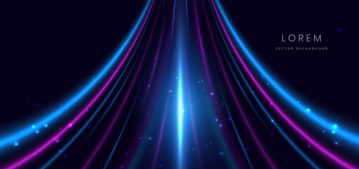 Abstract futuristic blue and pink curve vertical light ray on dark blue background.