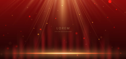 Scene elegant red ray with gold lighting effect sparkle on dark red background.