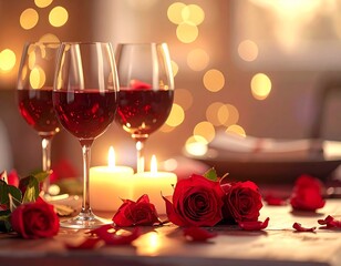 Romantic dinner setup with candles, roses, wine glasses, soft bokeh lights, cinematic