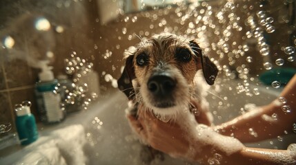 Dynamic low-angle shot from the side of a bathtub. A woman's hands gently but firmly holding a playful, wet puppy covered in suds. Water droplets splashing, soap bubbles everywhere. 