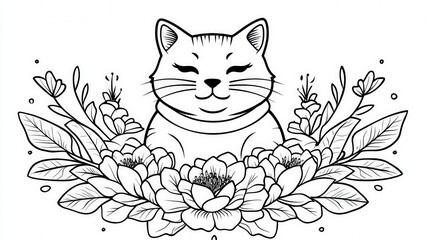 A charming illustration of a cat surrounded by blooming flowers, ideal for coloring books, art projects, or as decorative prints for cat lovers, This design embodies tranquility and nature,