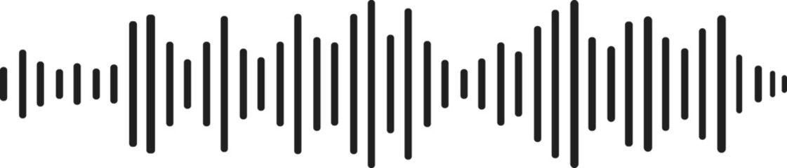 Black podcast sound wave patterns with varying amplitude bars for audio visualization and media interfaces. Digital frequency lines on white bg for music players, recording apps or broadcast design.