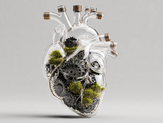 a glass heart with gears inside, surrounded by moss and light bulbs, symbolizing the intersection of technology and nature.